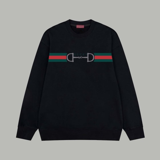 Gucci runway style long-sleeved sweatshirt with logo and lettering woven strap buckle.